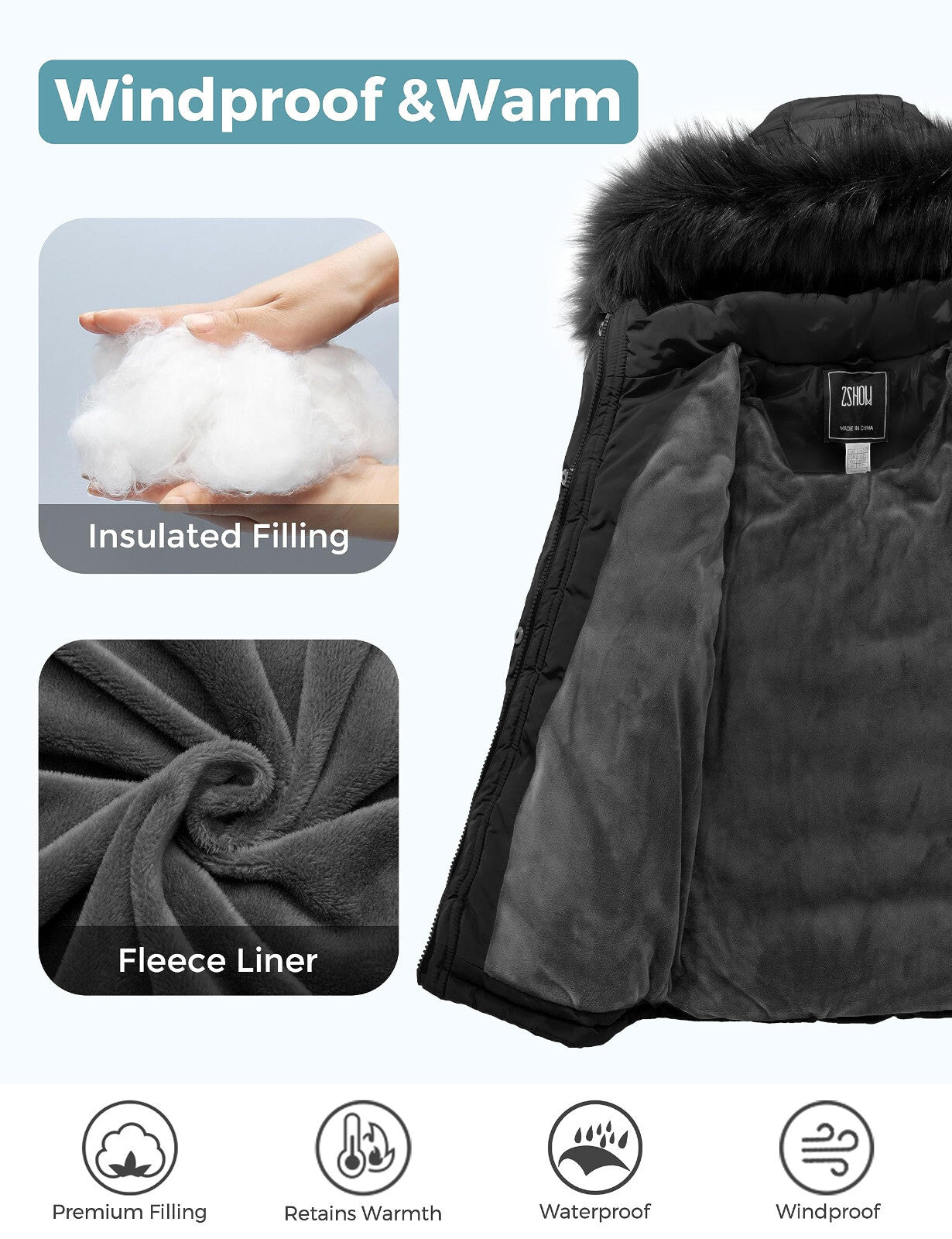 ZSHOW Girls' Puffer Jacket Soft Fleece Lined Warm Winter Coat with Fur Hood