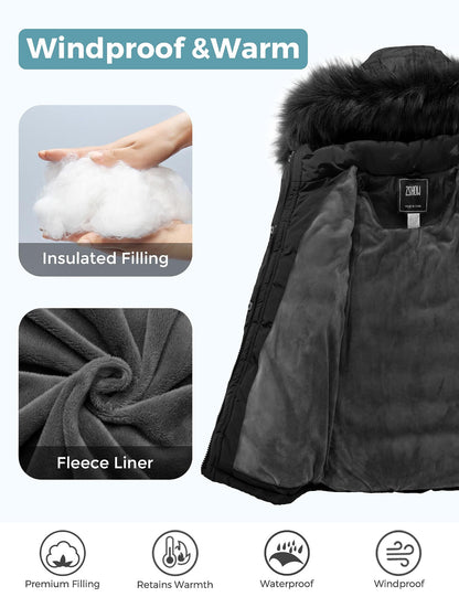 ZSHOW Girls' Puffer Jacket Soft Fleece Lined Warm Winter Coat with Fur Hood
