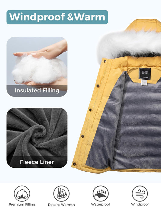 ZSHOW Girls' Puffer Jacket Soft Fleece Lined Warm Winter Coat with Fur Hood