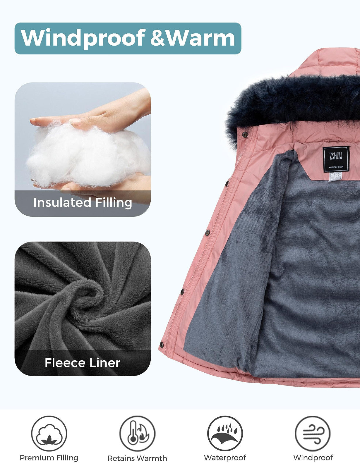 ZSHOW Girls' Puffer Jacket Soft Fleece Lined Warm Winter Coat with Fur Hood