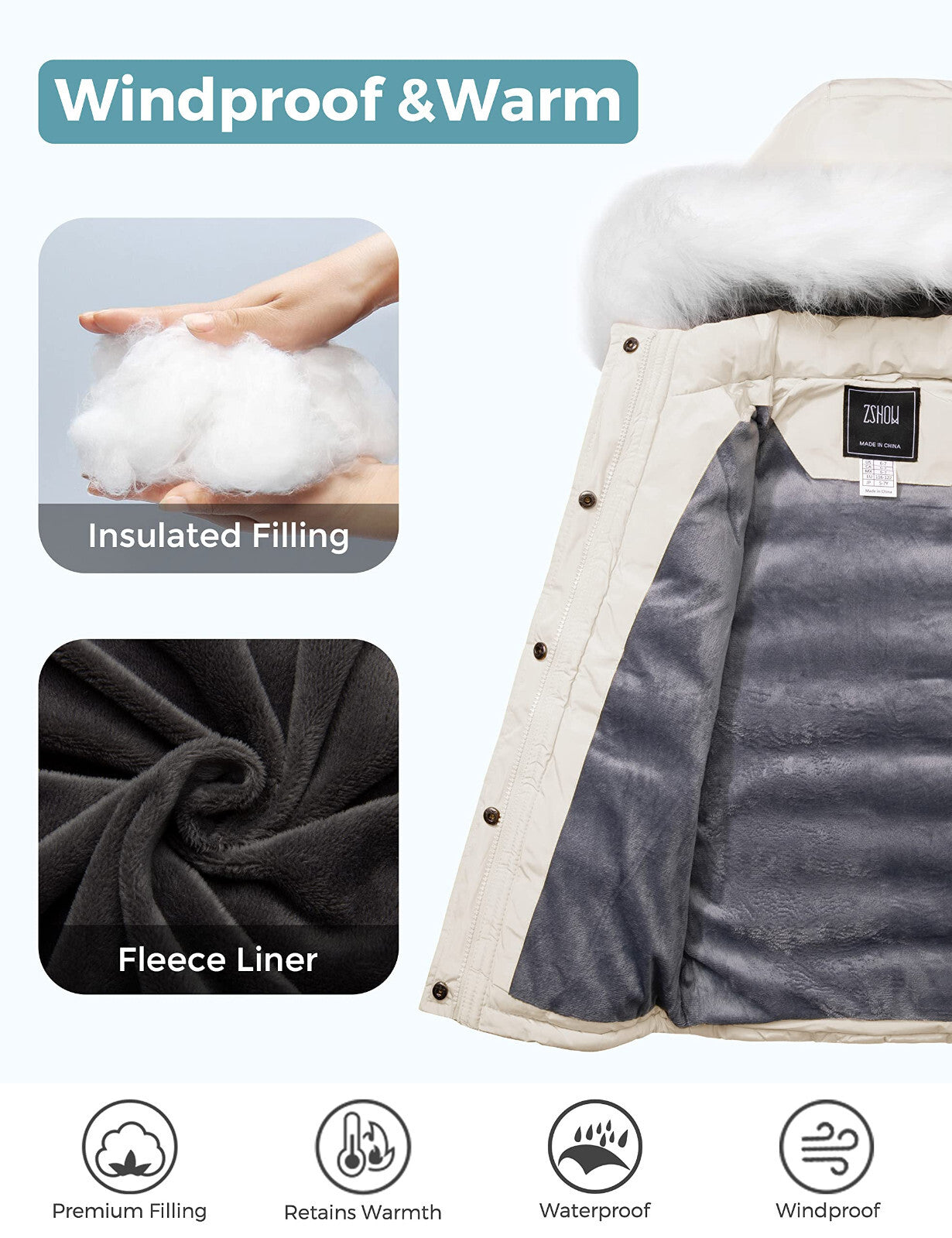 ZSHOW Girls' Puffer Jacket Soft Fleece Lined Warm Winter Coat with Fur Hood