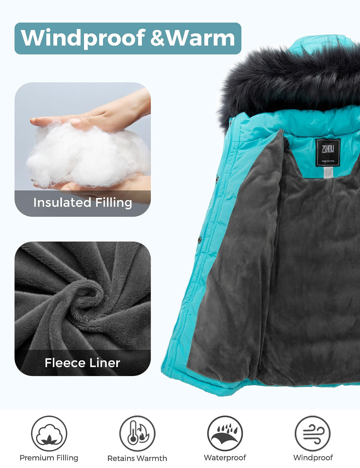 ZSHOW Girls' Puffer Jacket Soft Fleece Lined Warm Winter Coat with Fur Hood