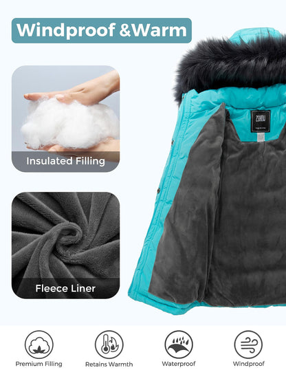 ZSHOW Girls' Puffer Jacket Soft Fleece Lined Warm Winter Coat with Fur Hood