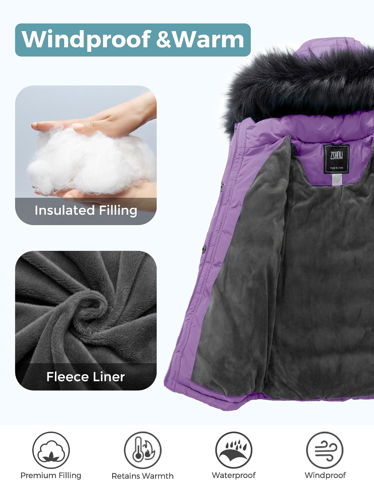 ZSHOW Girls' Puffer Jacket Soft Fleece Lined Warm Winter Coat with Fur Hood