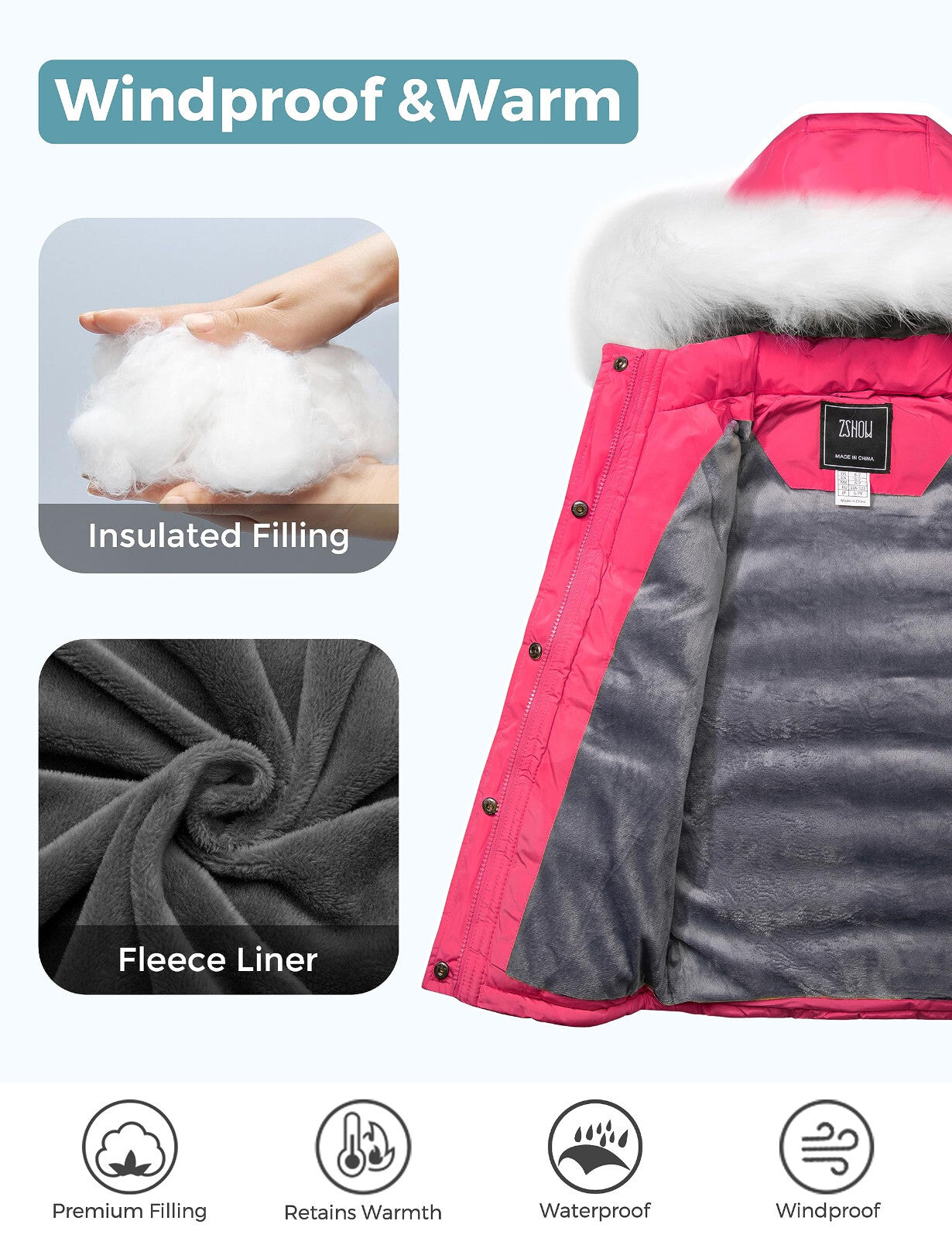 ZSHOW Girls' Puffer Jacket Soft Fleece Lined Warm Winter Coat with Fur Hood