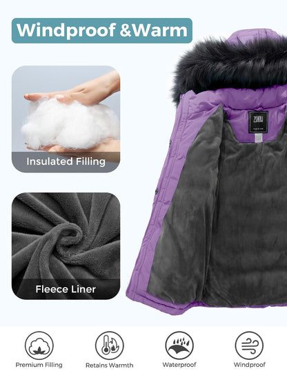 ZSHOW Girls' Puffer Jacket Soft Fleece Lined Warm Winter Coat with Fur Hood