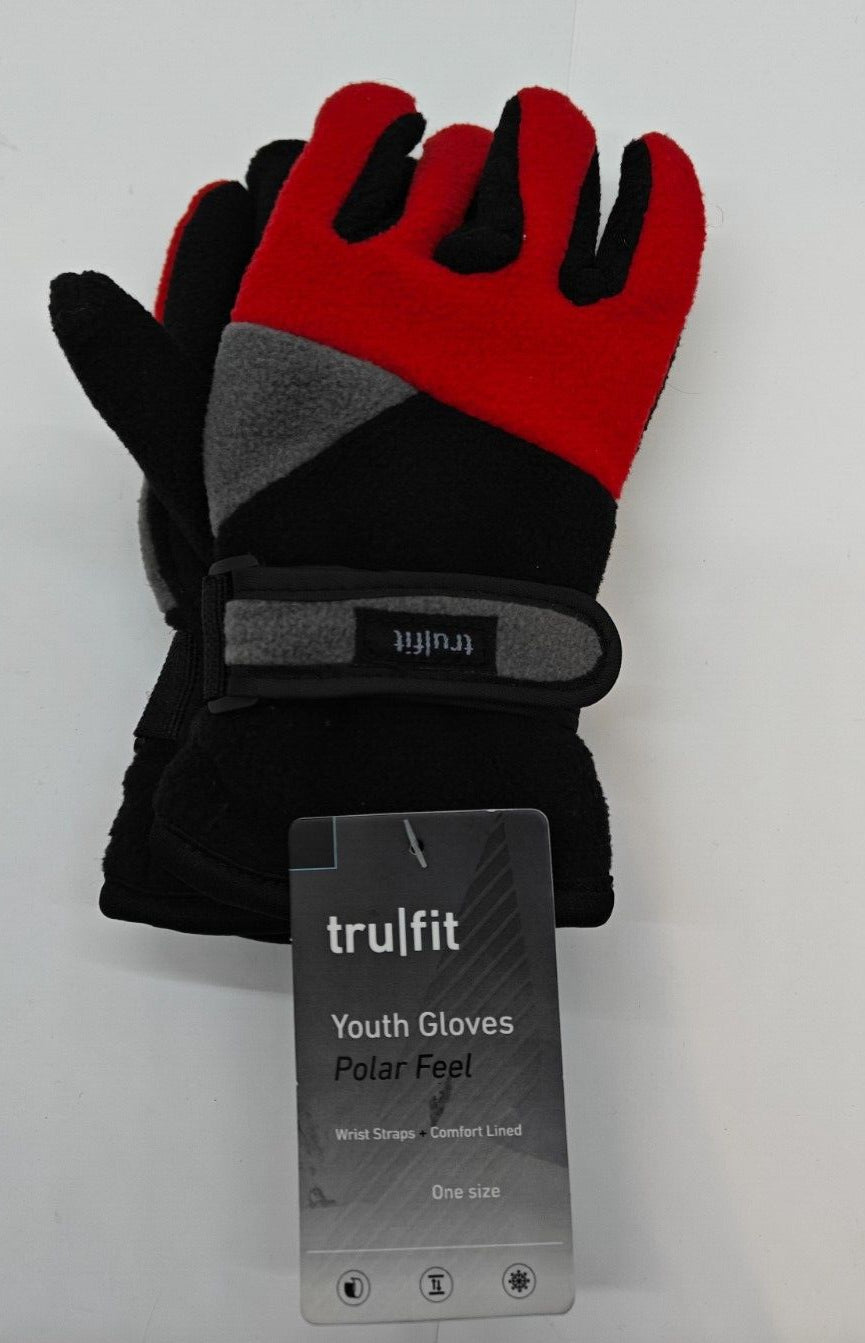 Trufit Youth Boys Gloves - Polar Feel - Wrist Straps - One Size - NWT Brand New