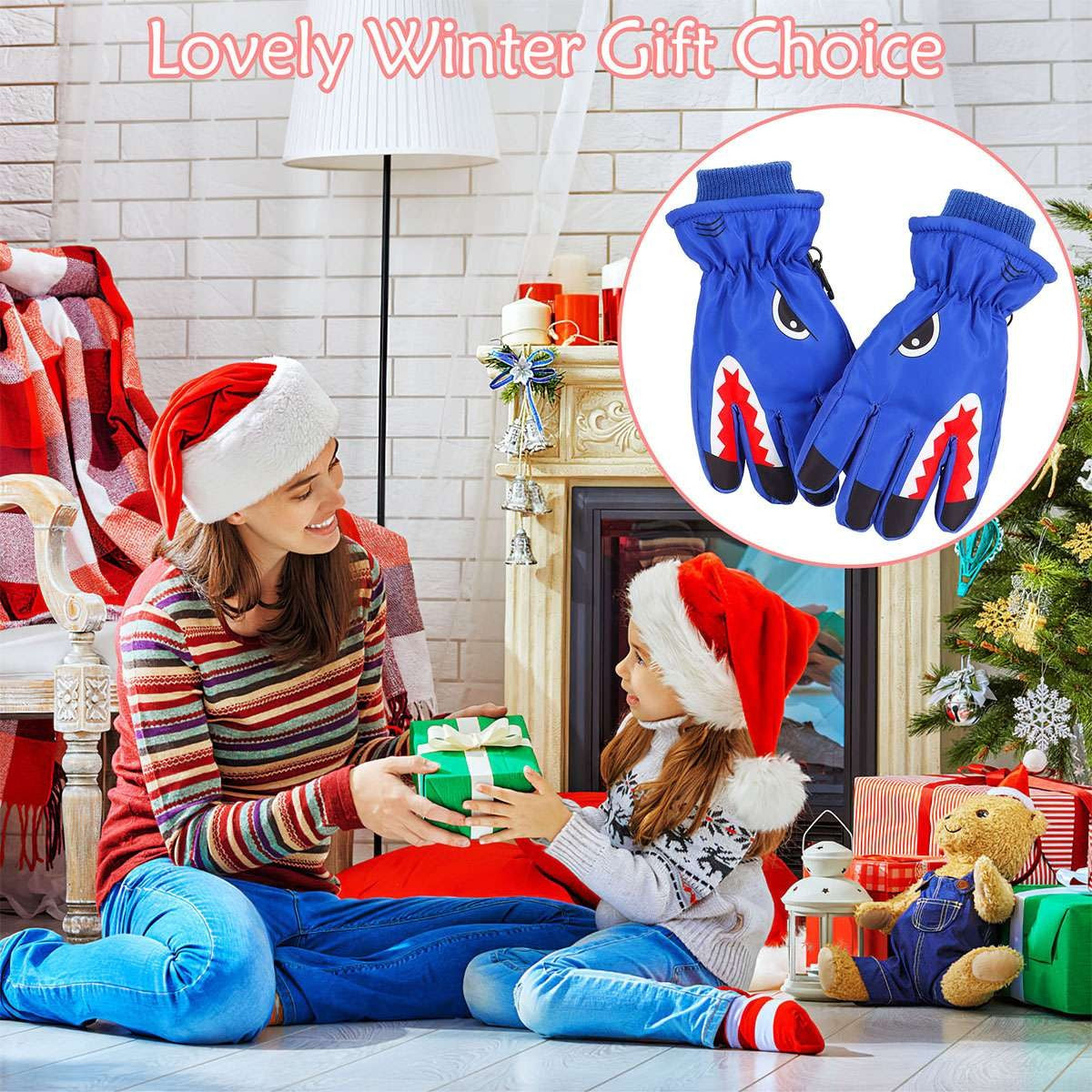 Warm Children Kids Shark Gloves Winter Waterproof Thermal Wind Ski Snow Thermal