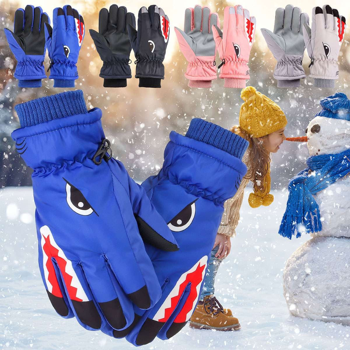 Warm Children Kids Shark Gloves Winter Waterproof Thermal Wind Ski Snow Thermal